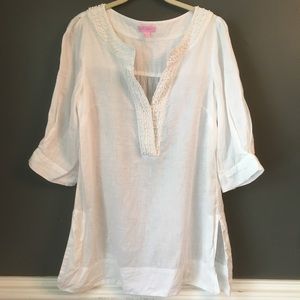 Lilly Pulitzer Beaded Linen Tunic 3/4 Sleeve Top